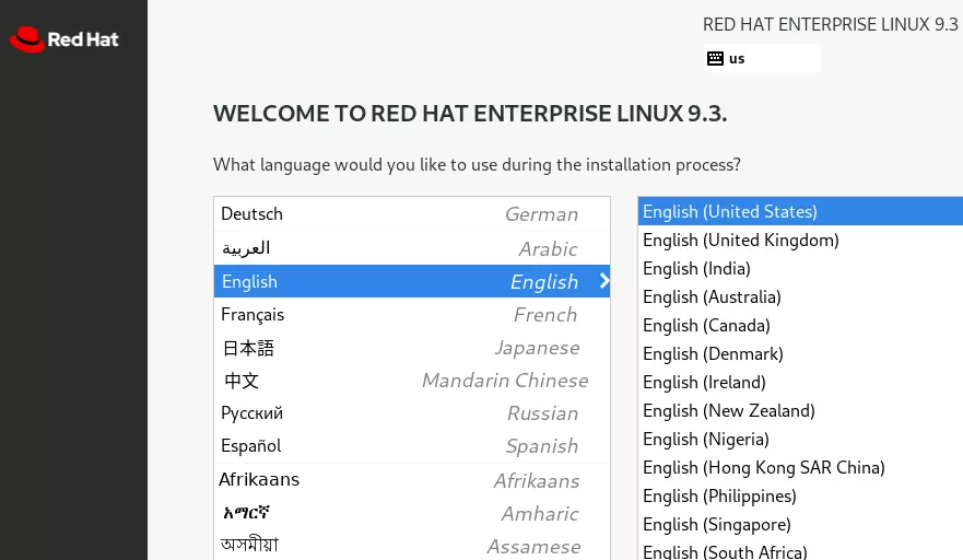 Bild: Choosing the language for the RHEL 9 installation