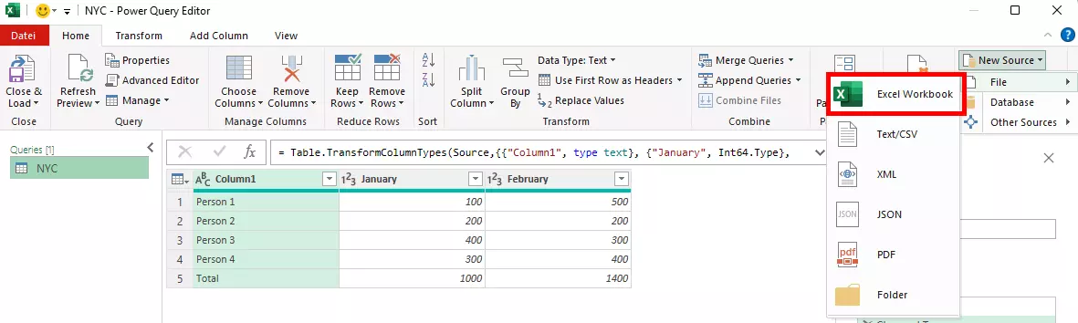 Bild: Import an Excel table via ‘New source’, ‘File’ and ‘Excel’