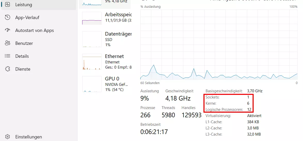 Bild: Windows-Task-Manager: CPU-Informationen