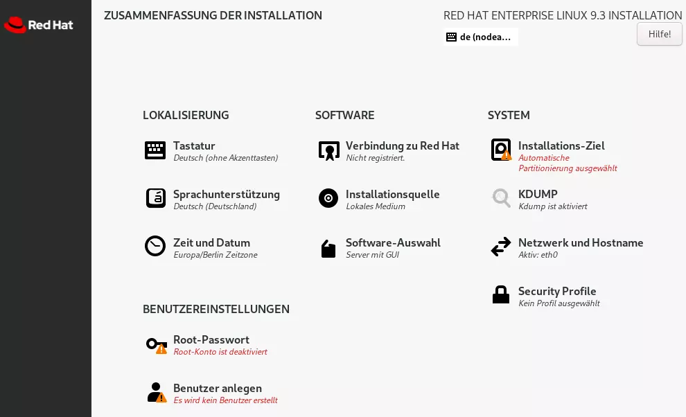 Screenshot der Installationsübersicht von RHEL 9 Bild: Screenshot der Installationsübersicht von RHEL 9