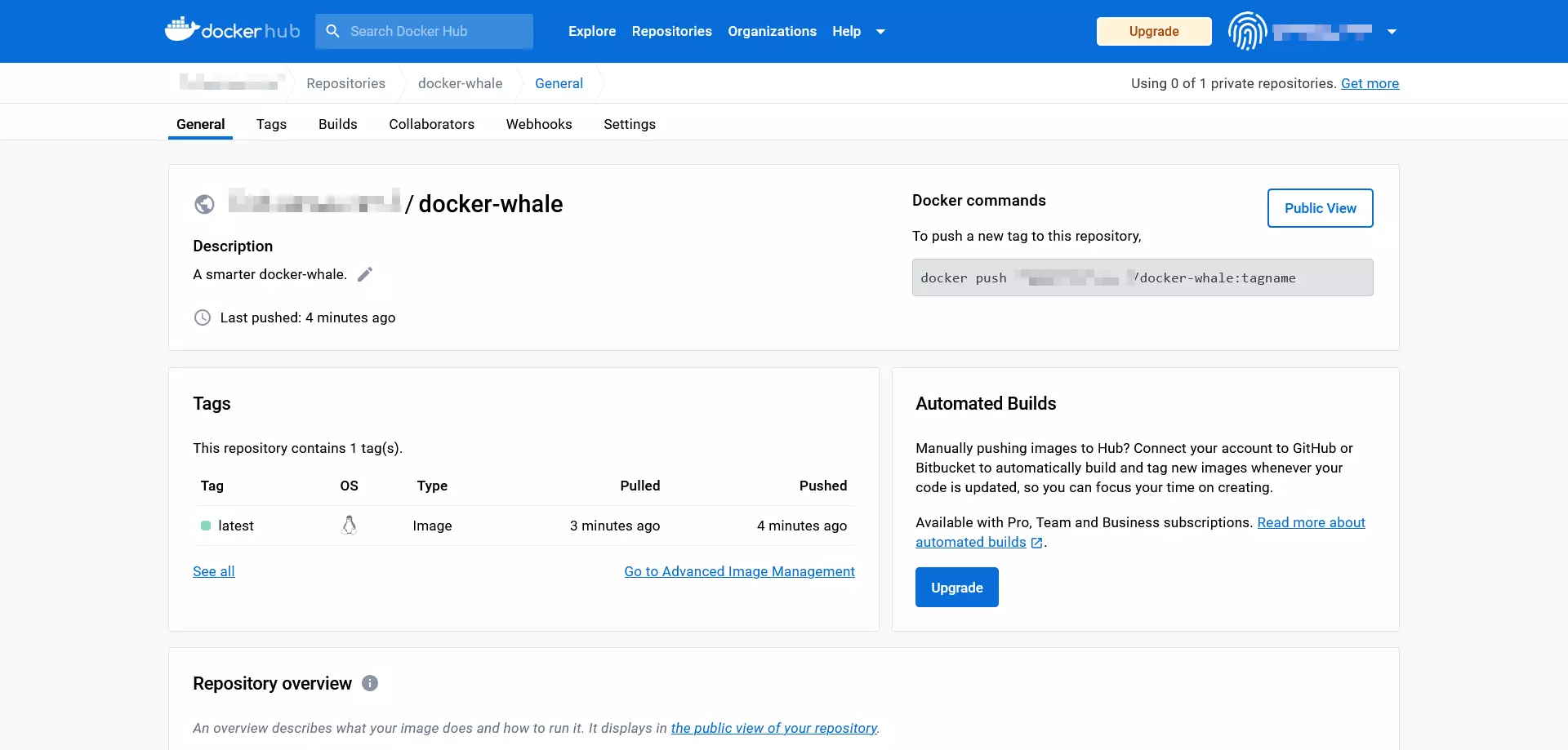 Bild: Docker hub: The repository [Namespace]/docker-whale in the detailed view