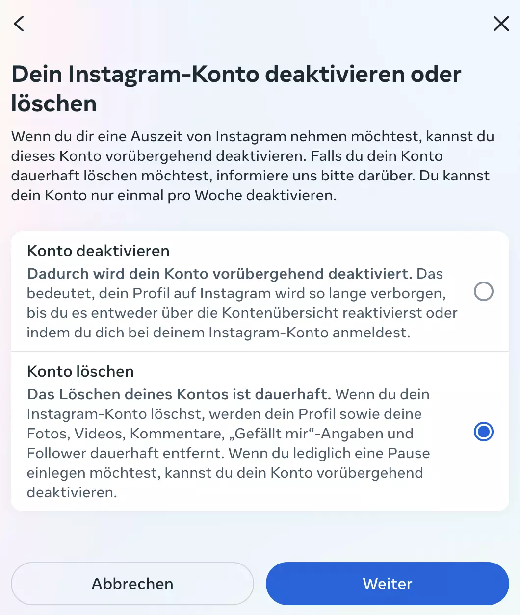 “Konto löschen“ auswählen Bild: “Konto löschen“ auswählen