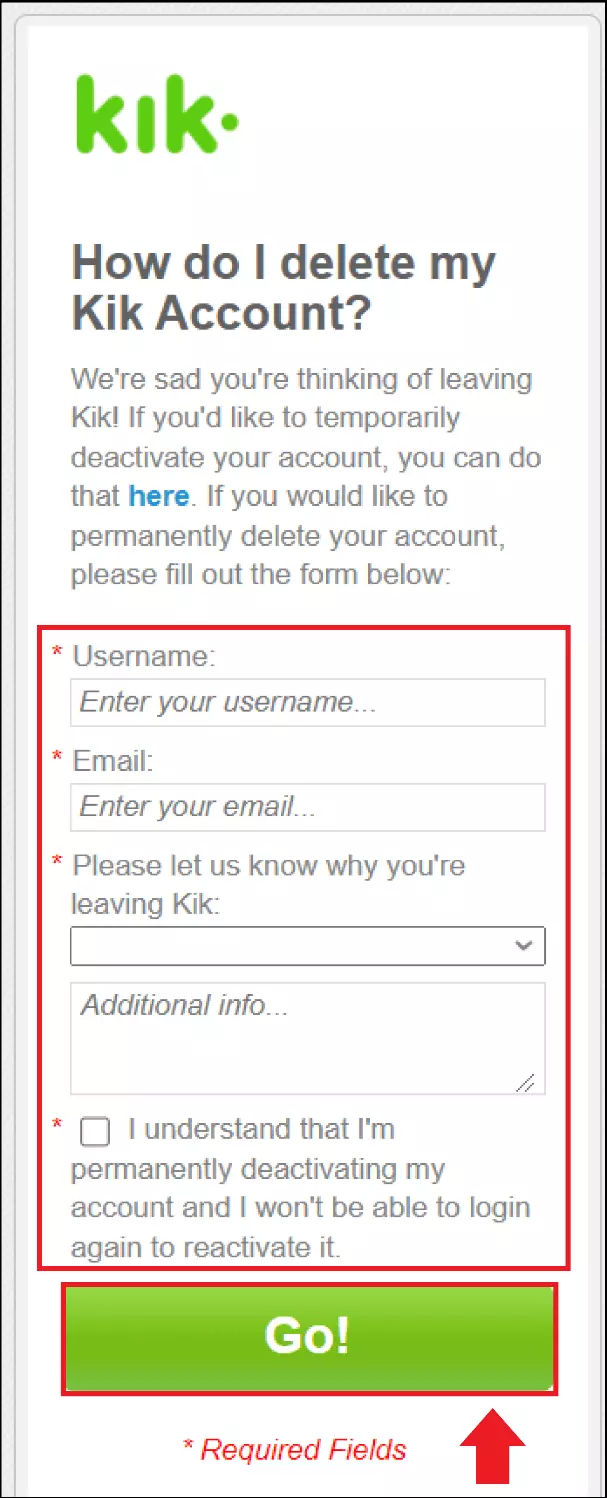 Zur Löschung des Kik-Accounts trage deinen Namen und die E-Mail-Adresse ein. Bild: Zur Löschung des Kik-Accounts trage deinen Namen und die E-Mail-Adresse ein.