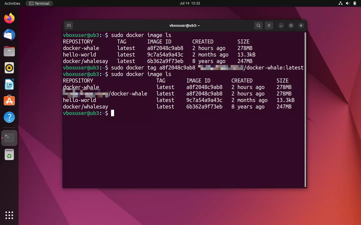 Bild: Ubuntu terminal: Image overview before and after tagging