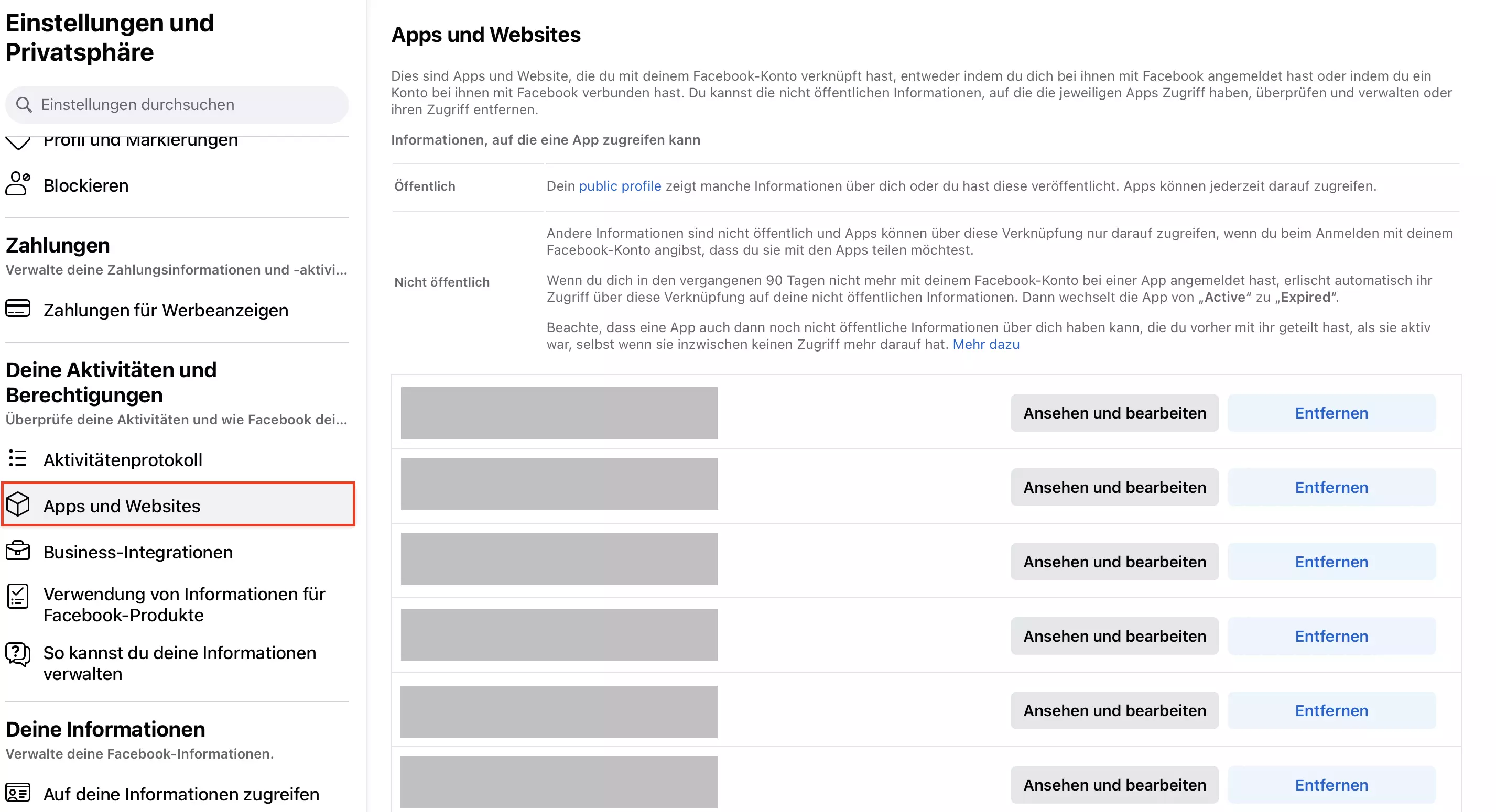 Facebook-Menü „Apps und Websites“ Bild: Facebook-Menü „Apps und Websites“