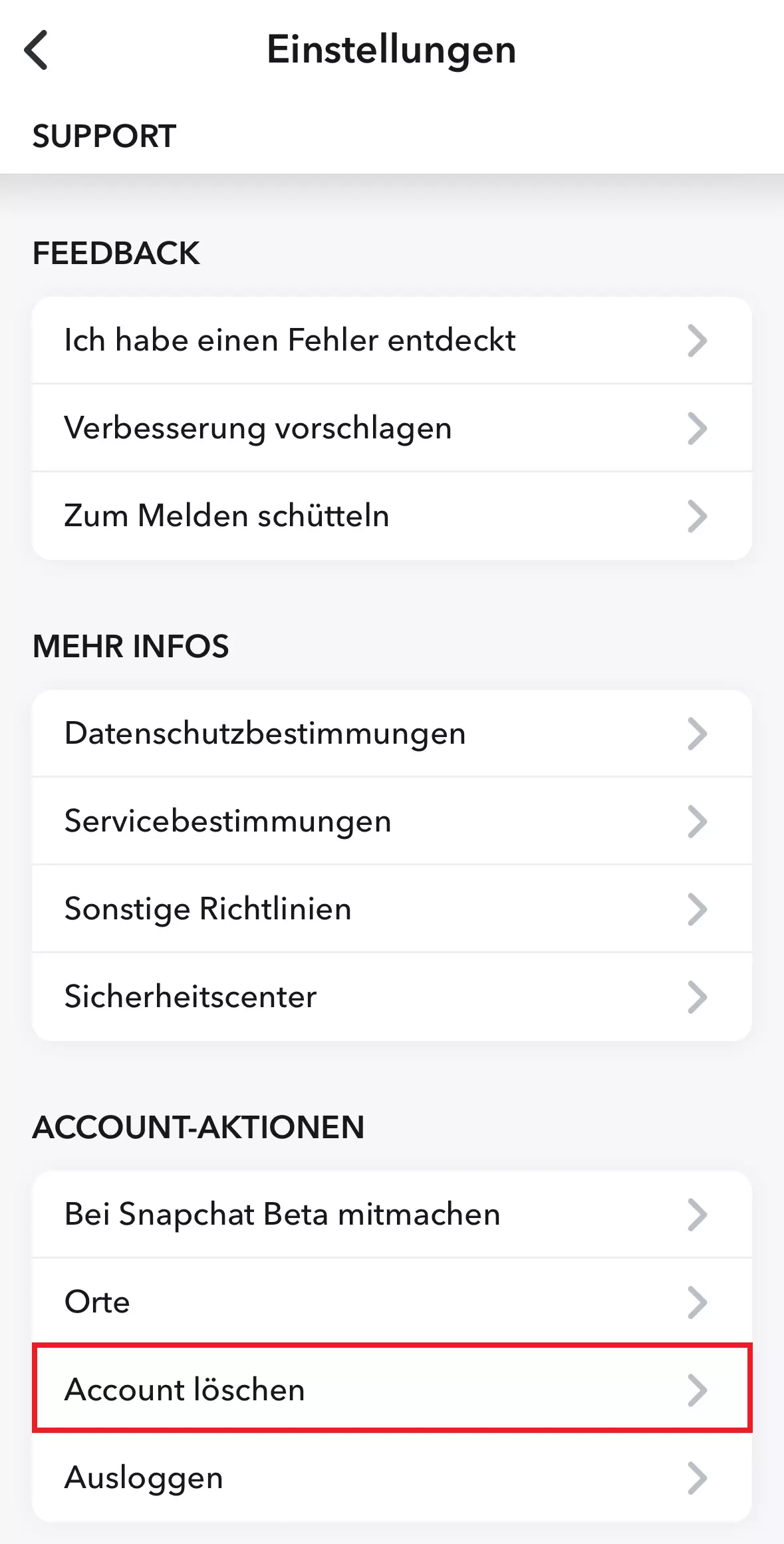 Bild: Einstellungen in der Snapchat-App