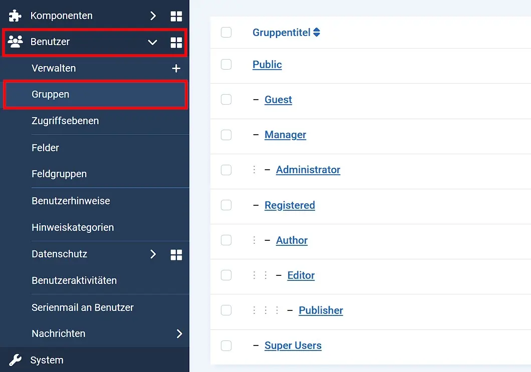Bild: Benutzergruppen in Joomla