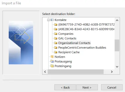 Import and Export Wizard in Outlook 365: Selecting the destination folder Bild: Import and Export Wizard in Outlook 365: Selecting the destination folder