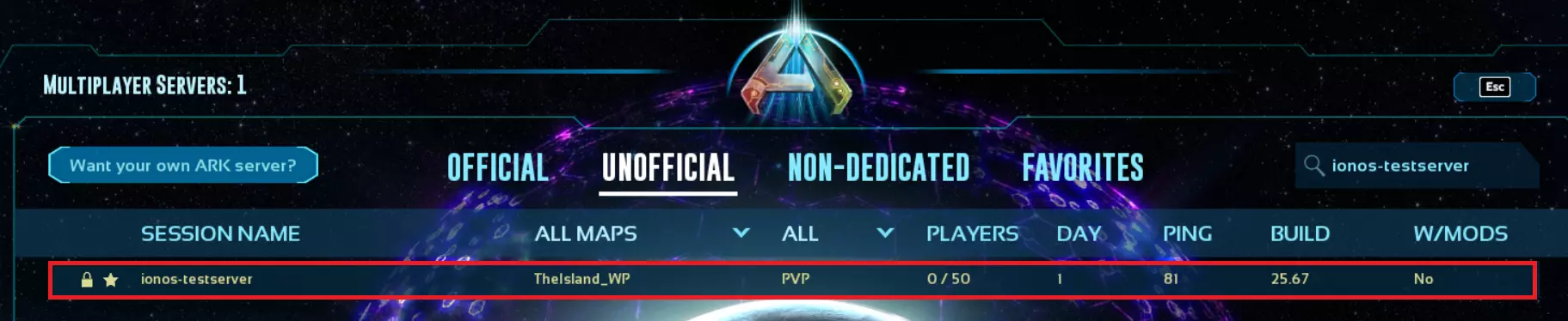 Screen showing the option to select the IONOS ARK: Survival Ascended server created in this tutorial Bild: Screen showing the option to select the IONOS ARK: Survival Ascended server created in this tutorial