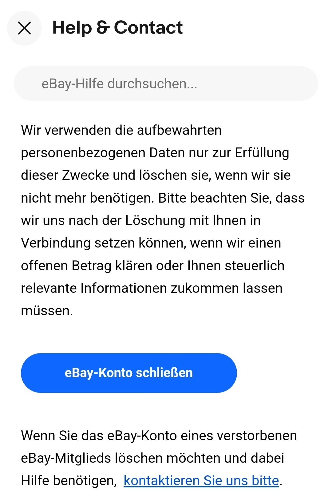 Ansicht der eBay-Hilfeseite zum Löschen des Accounts Bild: Ansicht der eBay-Hilfeseite zum Löschen des Accounts