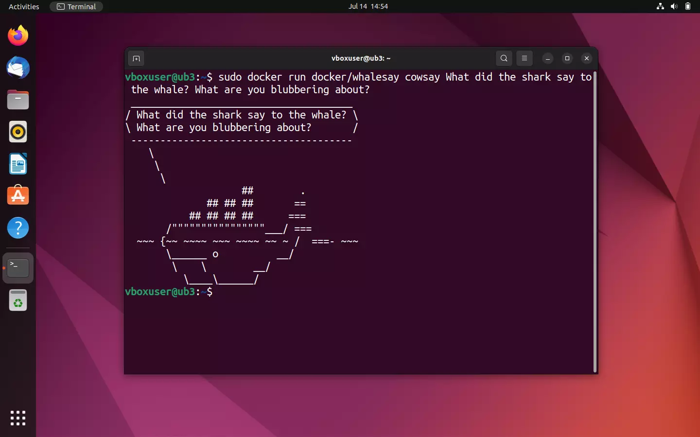 Bild: Terminal output of the container docker/whalesay: A whale with an individual message