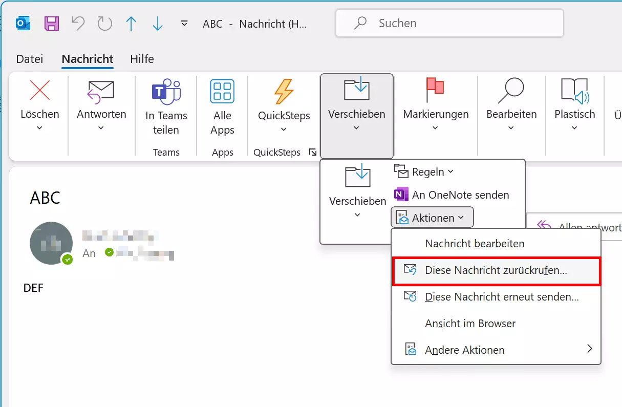 Bild: Die Funktion „Diese Nachricht zurückrufen…“