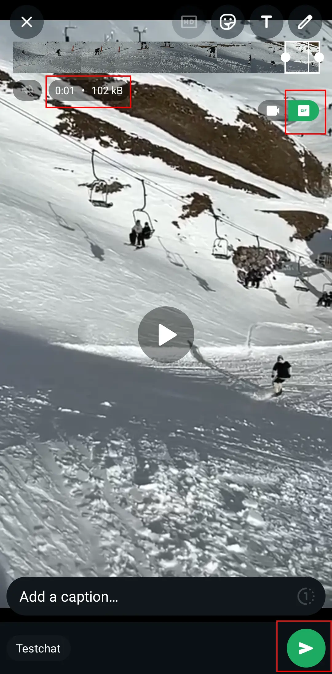 Bild: Android screenshot of cutting a video in WhatsApp with the GIF button