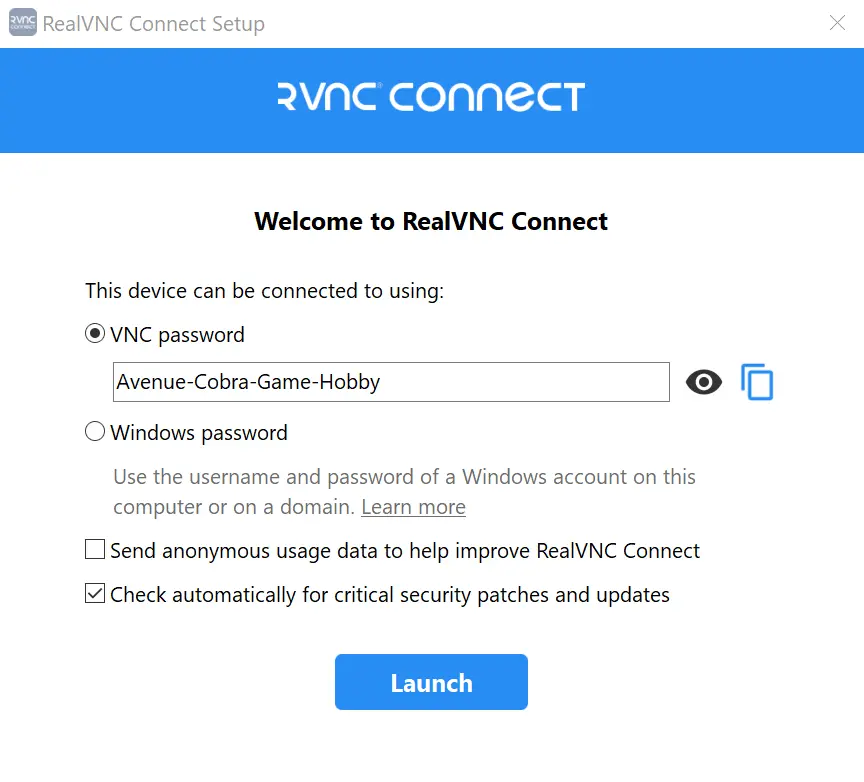 Bild: RealVNC server setup