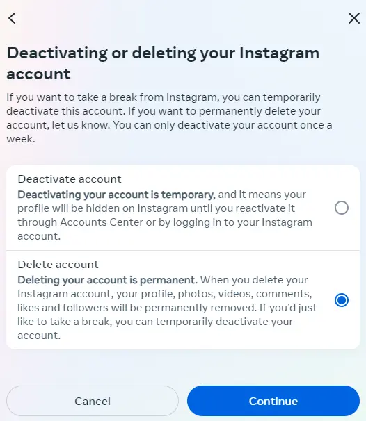 Choose ‘Delete account’ Bild: Choose ‘Delete account’