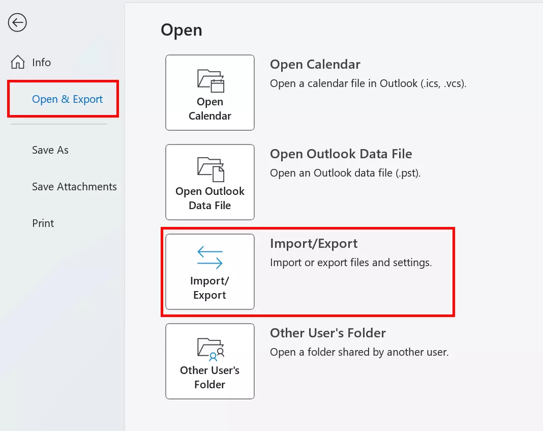 Bild: Options in the Open menu of Microsoft Outlook