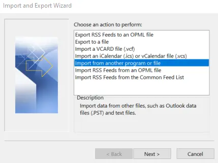 Start menu of the Import and Export Wizard in Outlook 365 Bild: Start menu of the Import and Export Wizard in Outlook 365