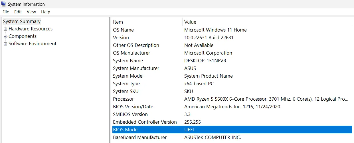 Bild: BIOS mode in the Windows 11 system overview