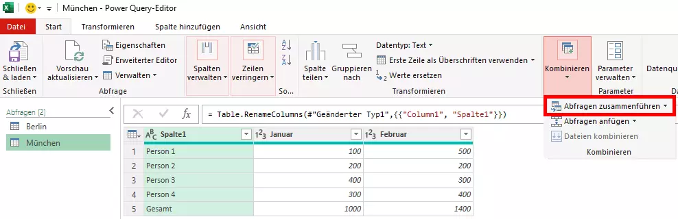 Bild: Funktion „Abfragen zusammenführen“ wählen