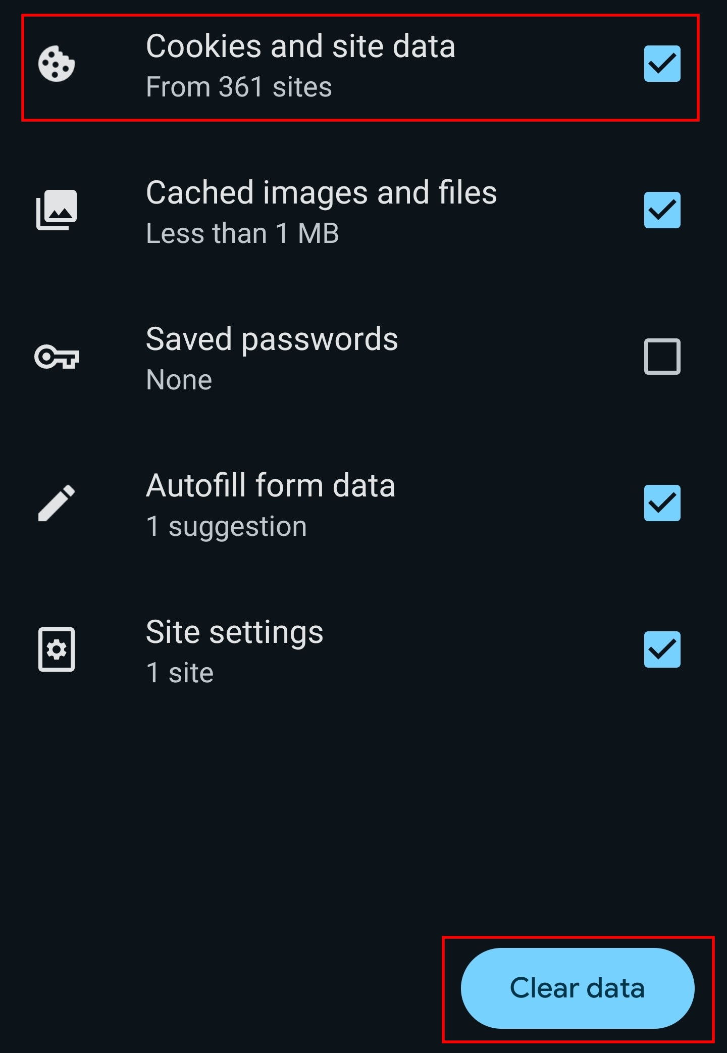 Bild: Clearing cookies in the Android Chrome app