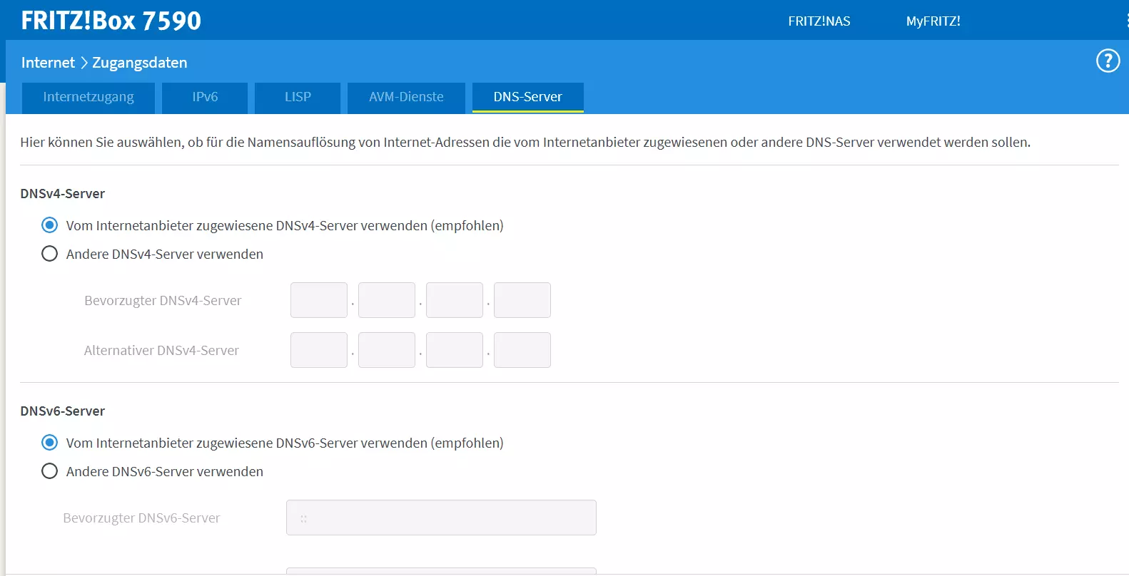 DNS-Einstellungen im Administrationsbereich einer Fritz!Box Bild: DNS-Einstellungen im Administrationsbereich einer Fritz!Box