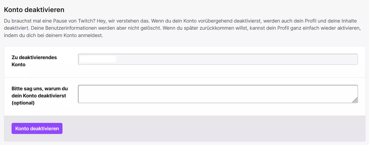 Dialog, um Twitch-Account zu deaktivieren Bild: Dialog, um Twitch-Account zu deaktivieren