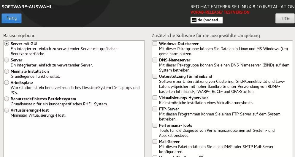 Screenshot der Software-Auswahl von RHEL 8 Bild: Screenshot der Software-Auswahl von RHEL 8
