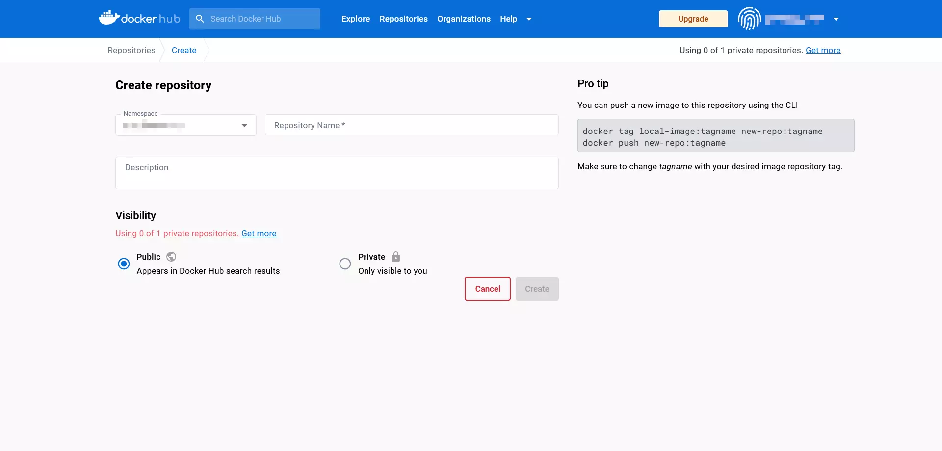 Bild: The Docker hub: Input screen for creating a repository