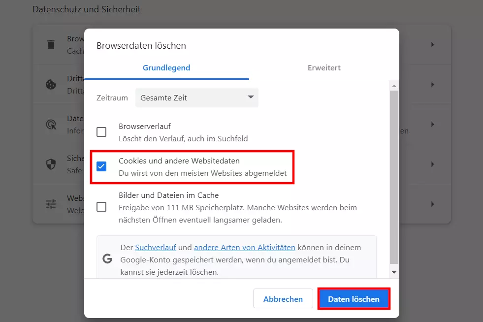 Bild: Cookies löschen in Chrome