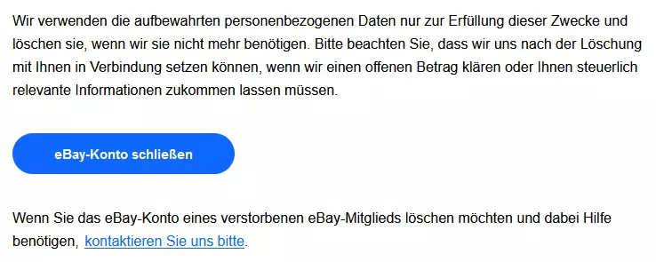 Hilfeseite von eBay zum Thema Kontolöschung Bild: Hilfeseite von eBay zum Thema Kontolöschung