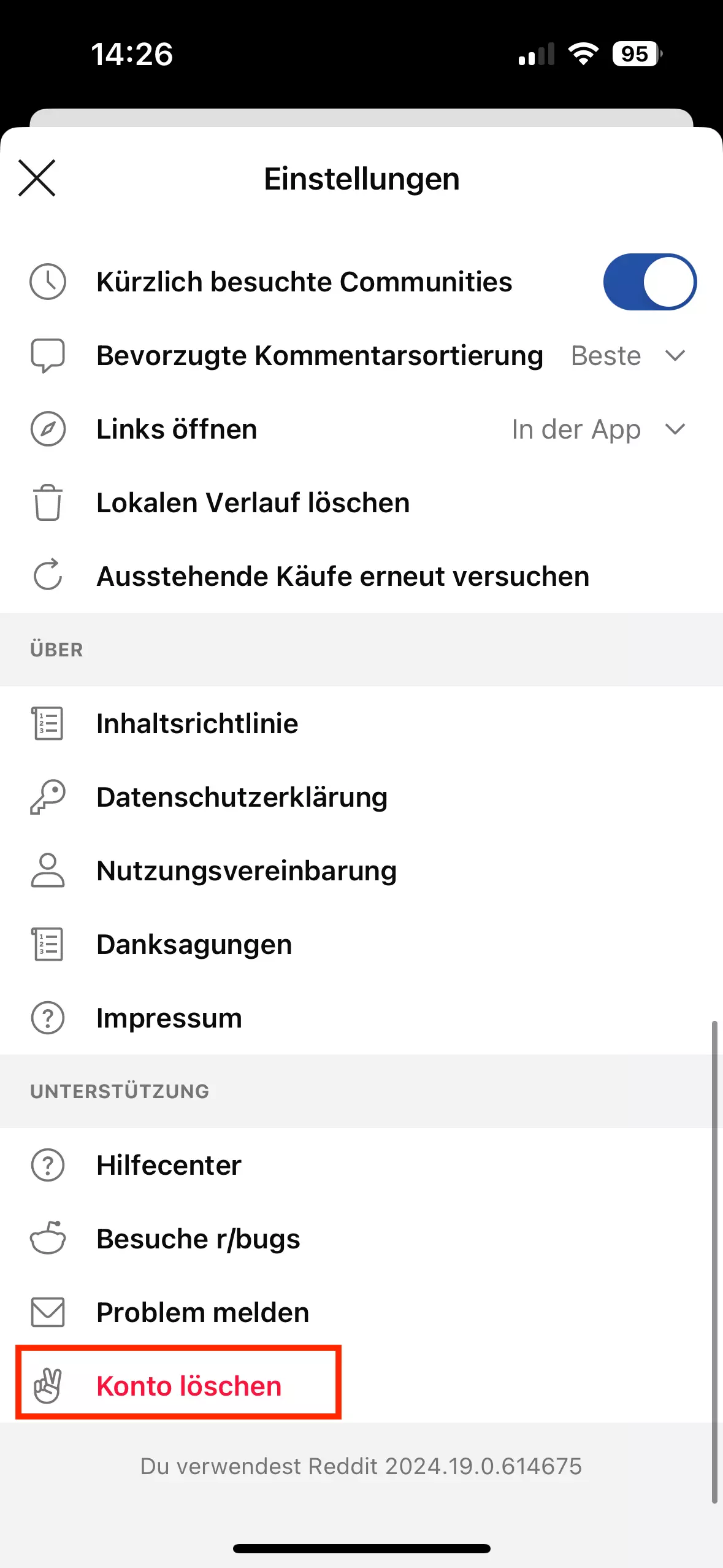 Bild: Reddit: Konto löschen in der App
