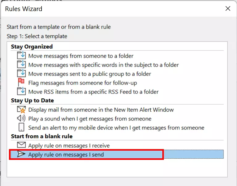 Bild: Rules Wizard option: Apply rule on messages I send