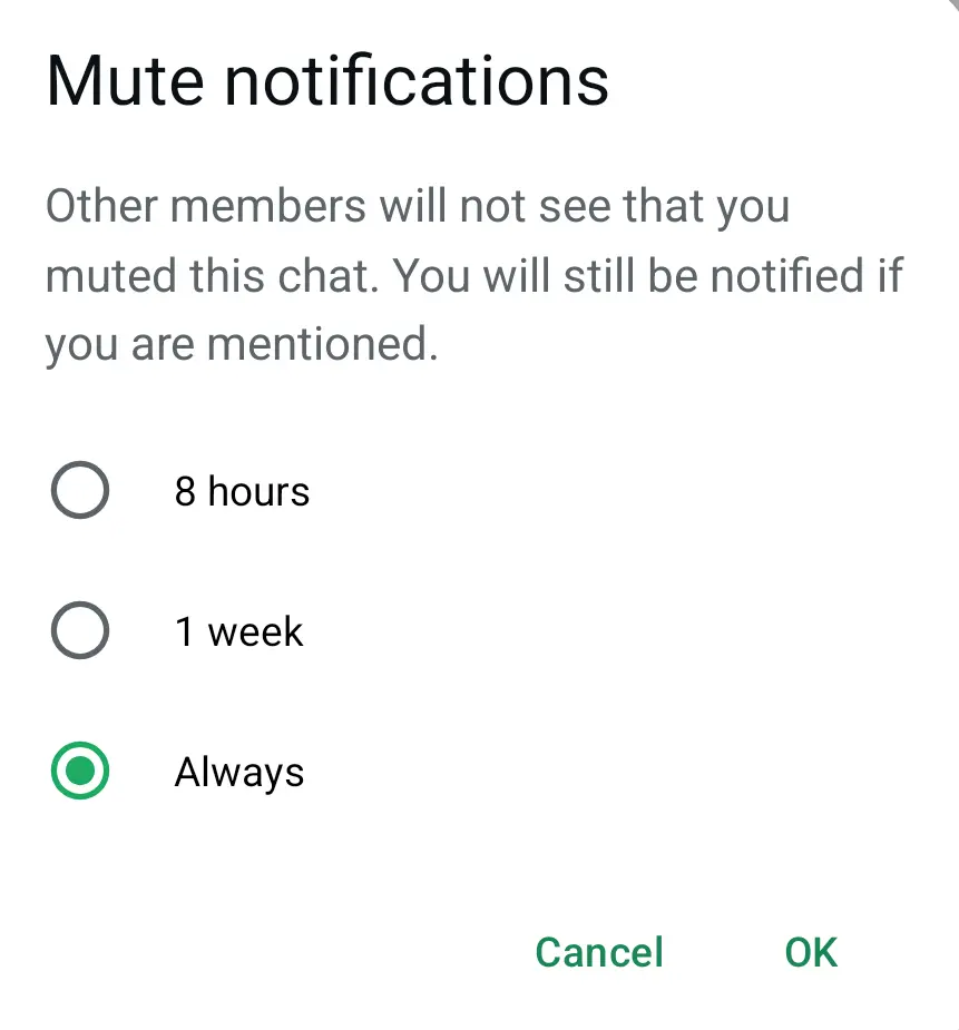 Bild: Android screenshot of the mute function in WhatsApp