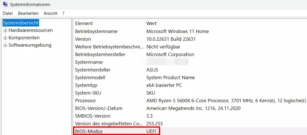 Bild: BIOS-Modus in der Systemübersicht von Windows 11