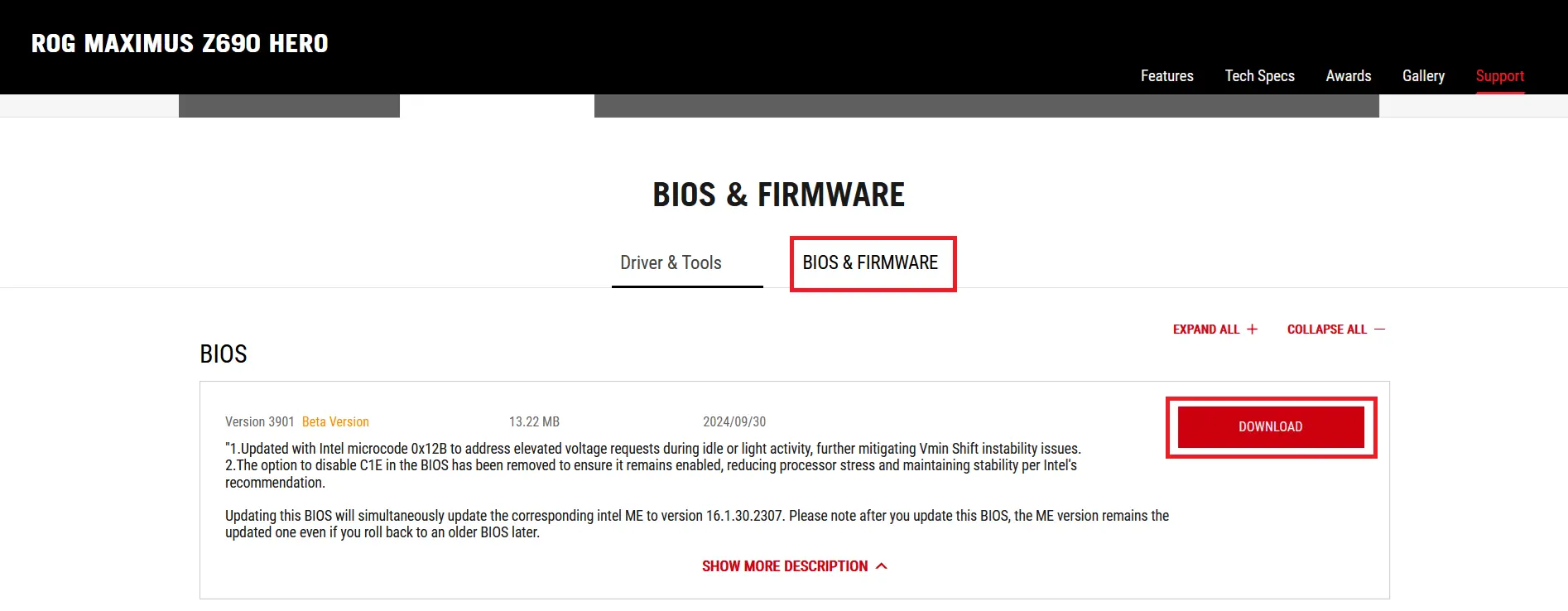 ASUS Website: Download the current BIOS version Bild: ASUS Website: Download the current BIOS version
