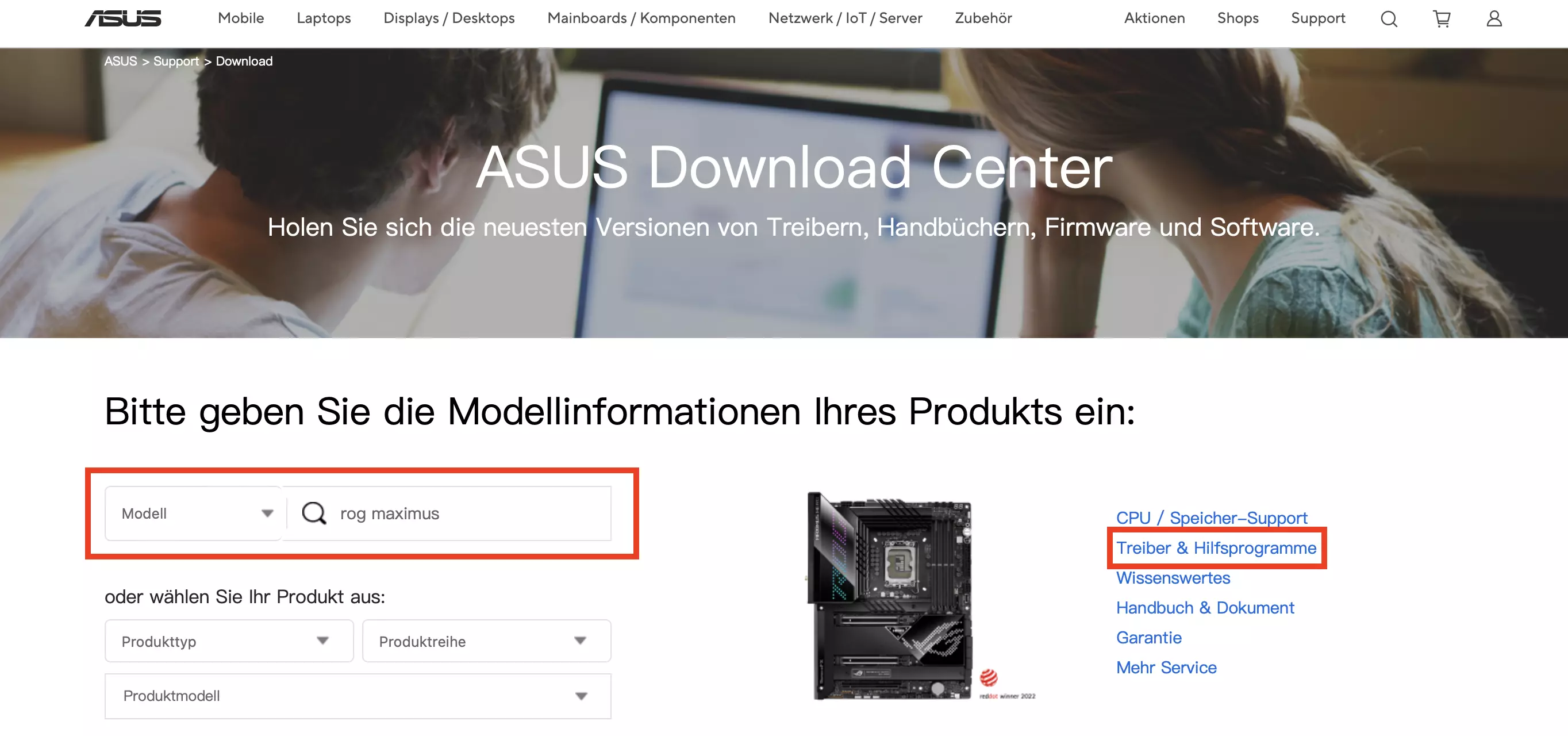 Bild: ASUS Website: Produkt suchen