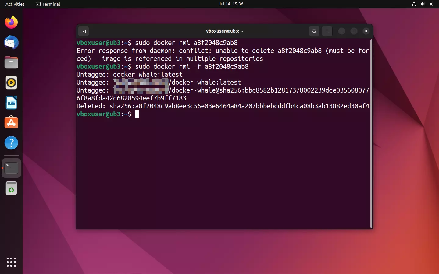 Bild: Command docker rmi in combination with the option -f (force)