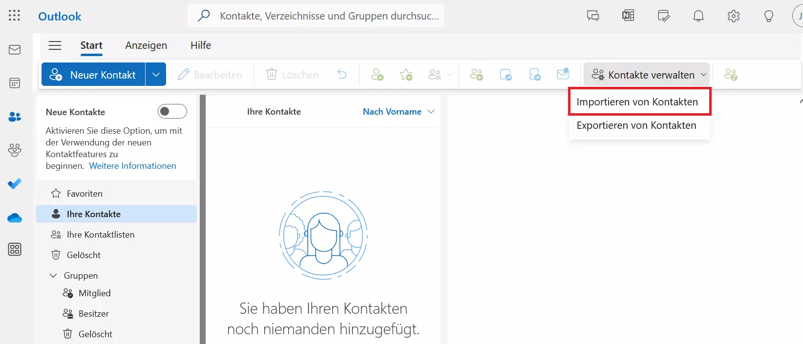 Bild: Kontakte verwalten in Outlook Web