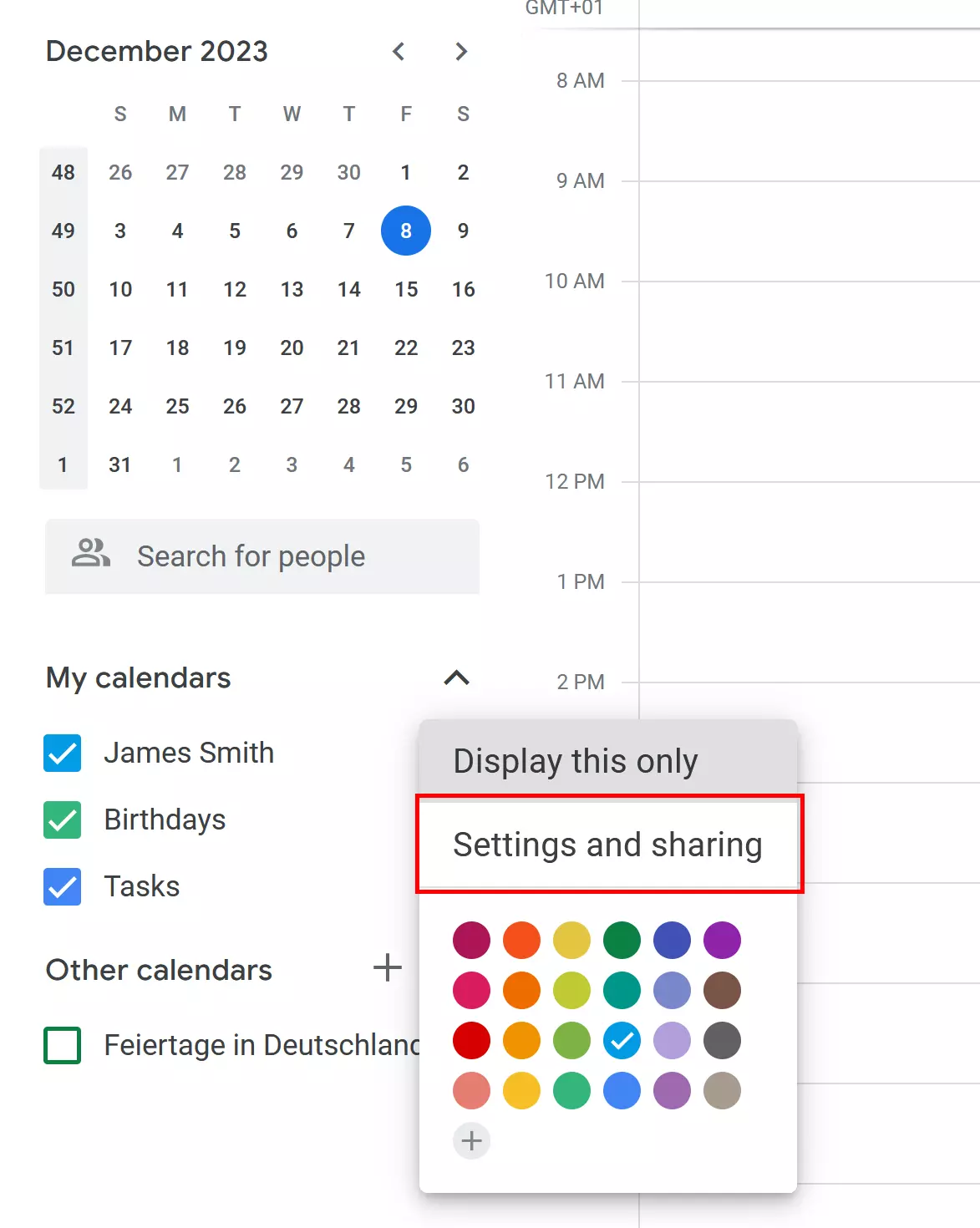 Bild: Google Calendar: Settings and Sharing menu