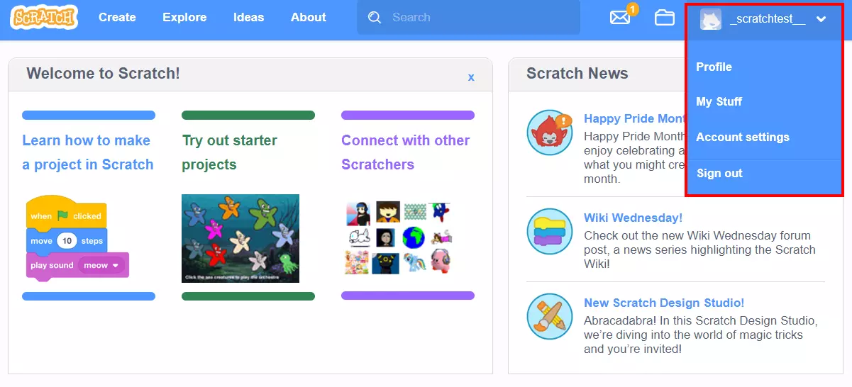 Learn Scratch: Settings menu for profile, account and projects Bild: Learn Scratch: Settings menu for profile, account and projects
