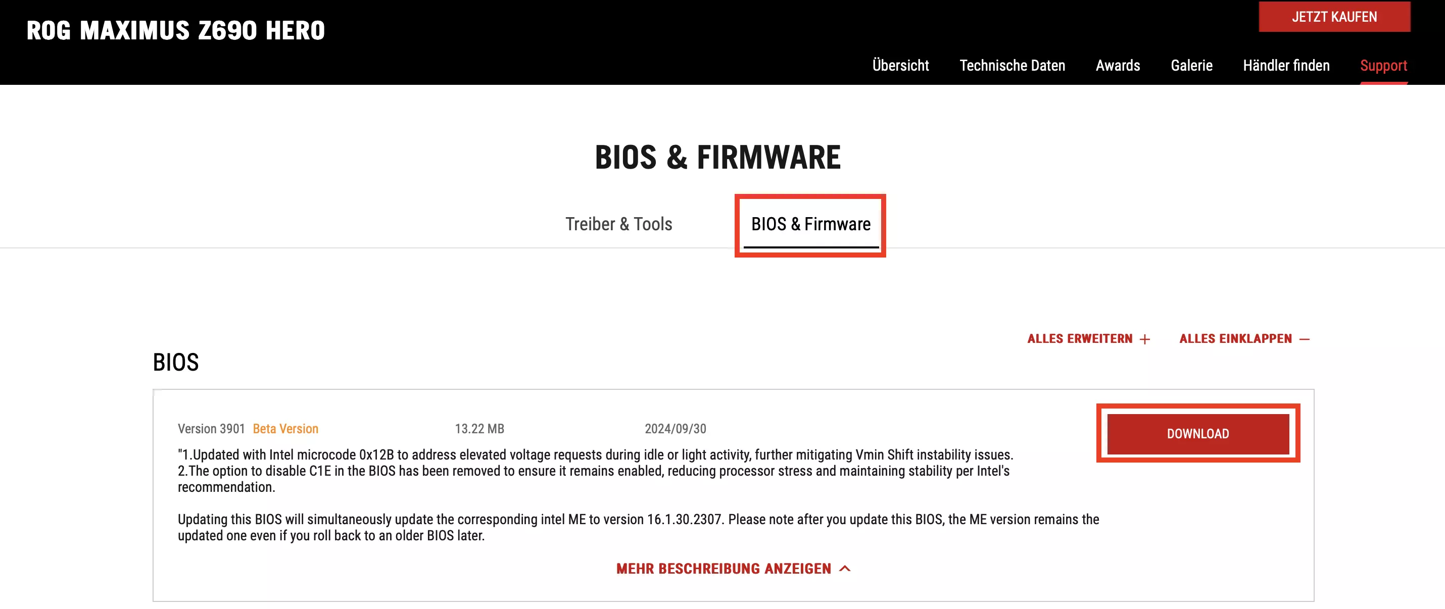 Bild: ASUS Website: Aktuelle BIOS-Version herunterladen