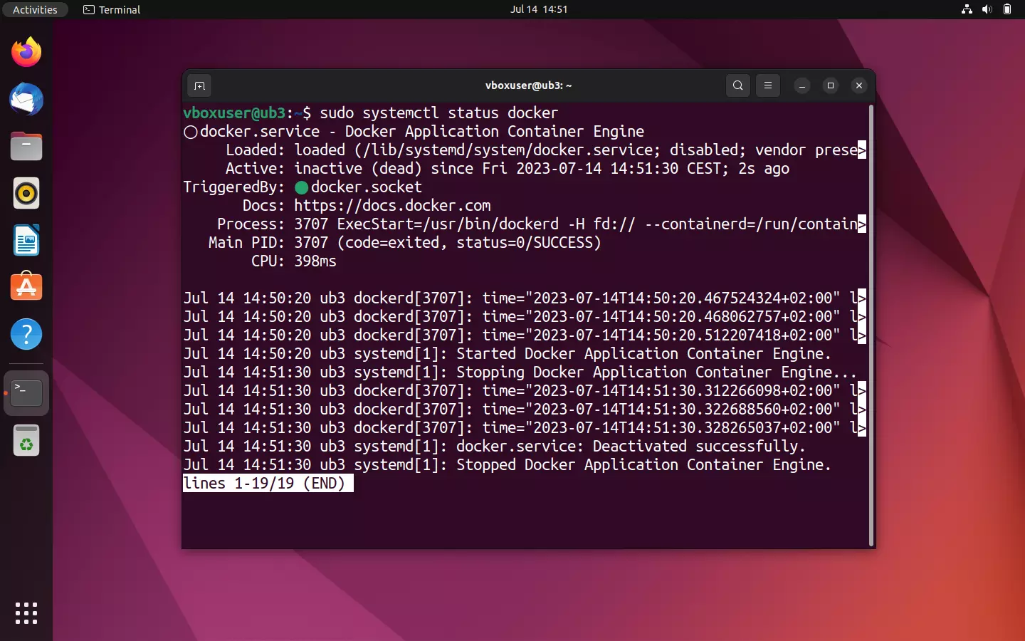 Bild: The status query via systemctl shows: The Docker engine is inactive (dead)