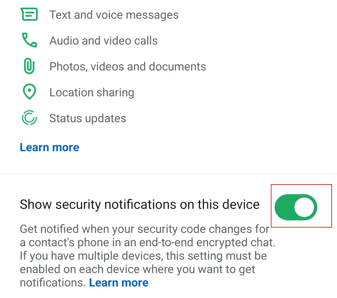 Bild: Android screenshot of security options in WhatsApp account settings
