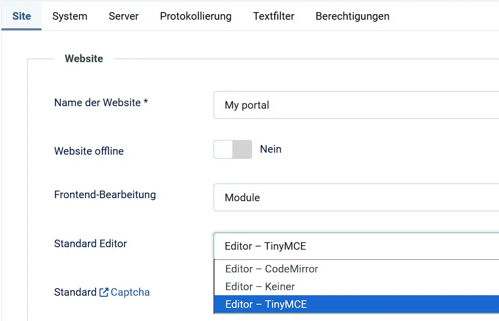 Bild: „Site“-Reiter im Joomla-Konfigurationsmenü