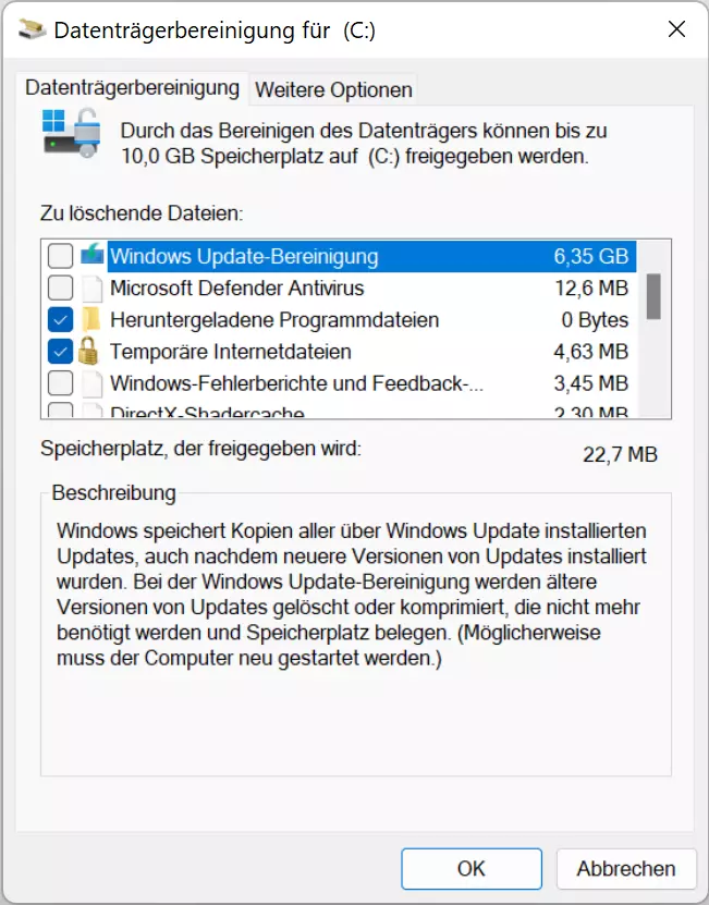 Bild: Dateiauswahl zur Bereinigung