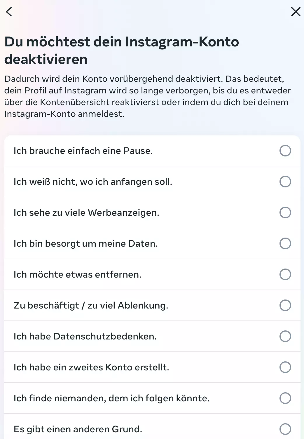 Grund für Deaktivierung angeben Bild: Grund für Deaktivierung angeben