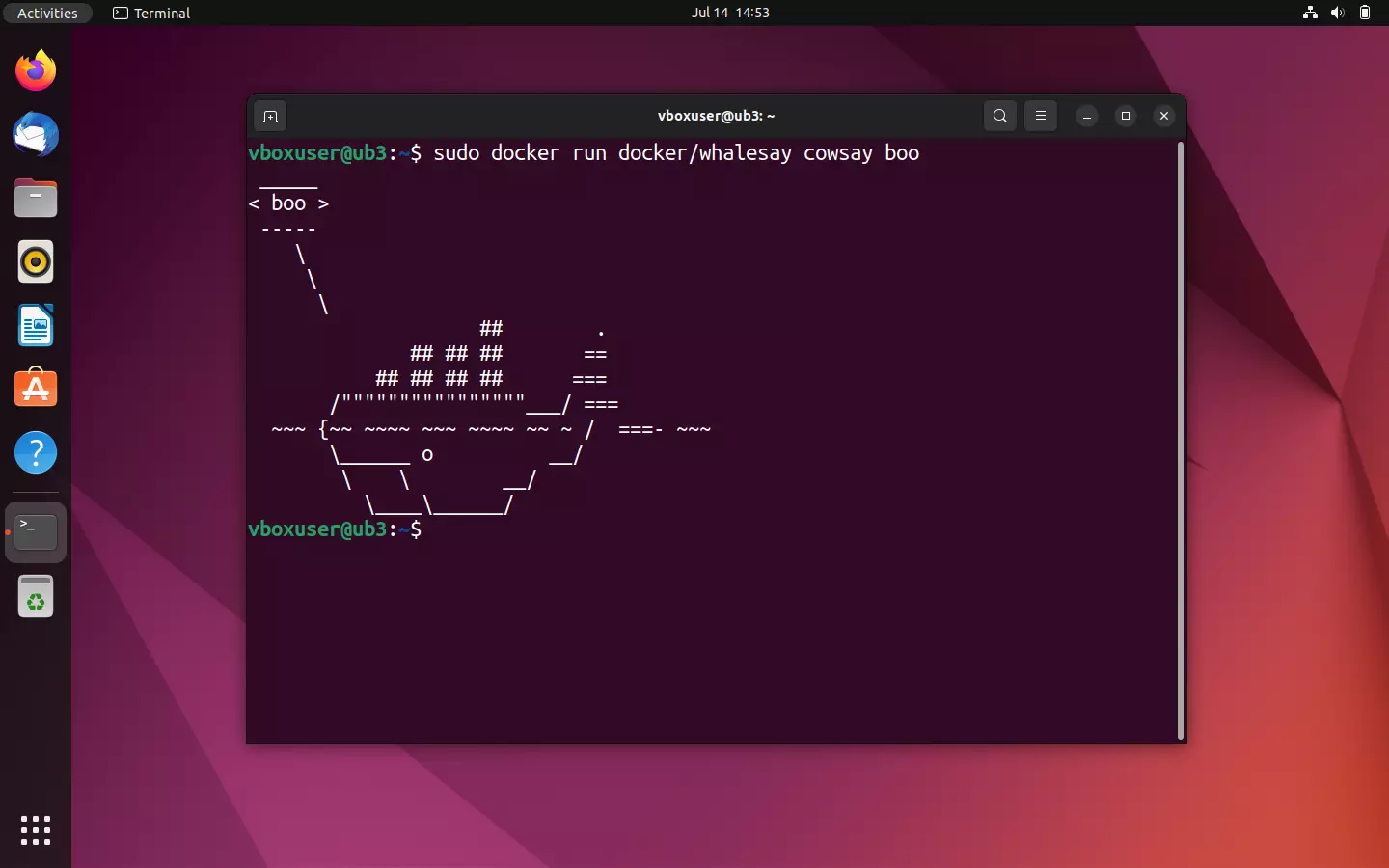 Bild: Terminal output of the container docker/whalesay: The whale says ‘boo’