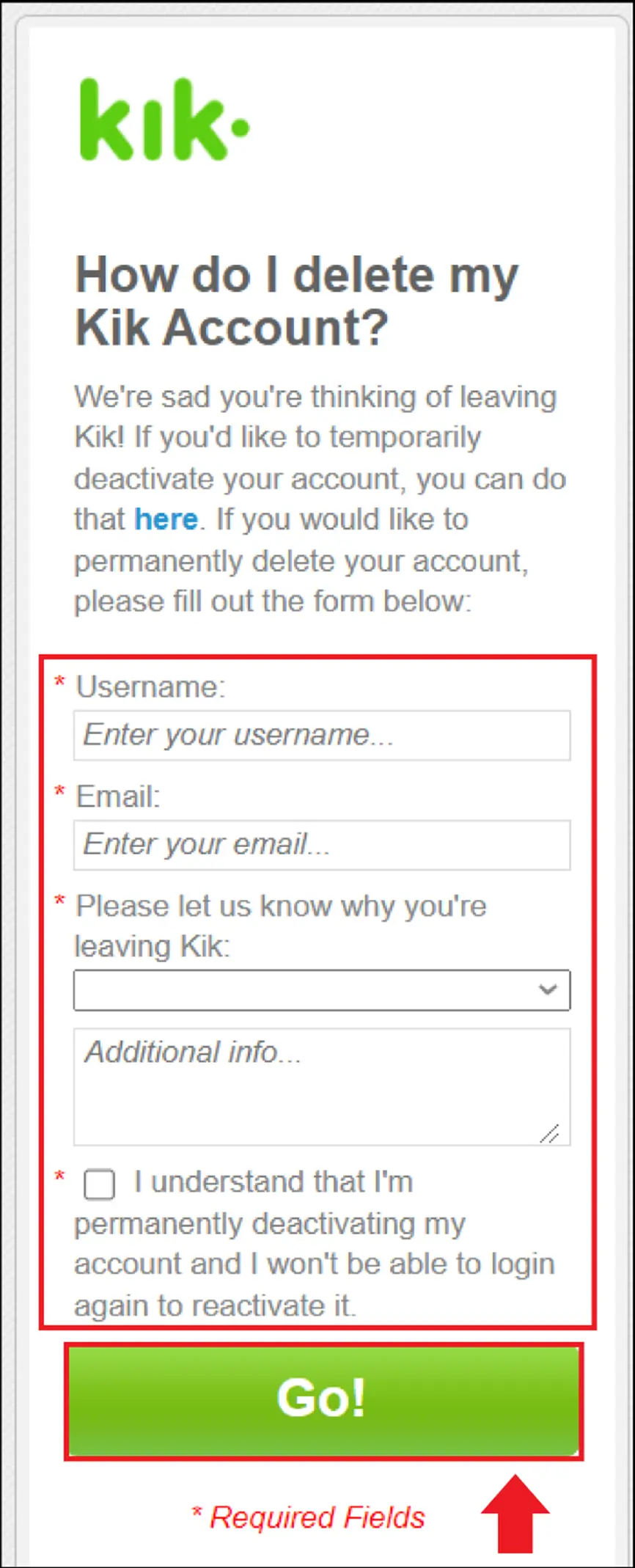 Bild: To delete your Kik account, enter your name and email address.