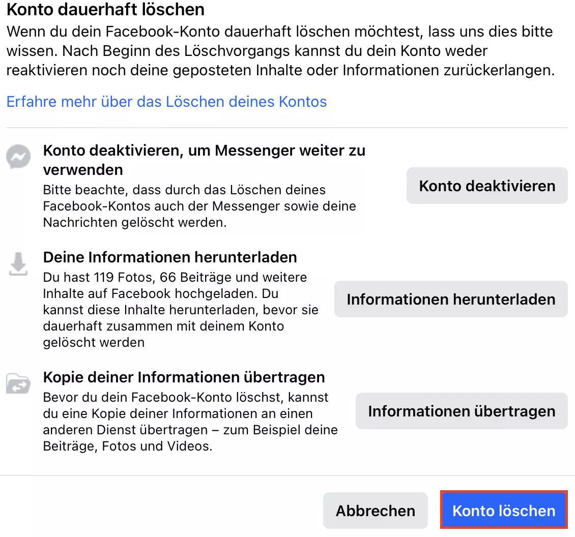 Facebook: Konto dauerhaft löschen Bild: Facebook: Konto dauerhaft löschen