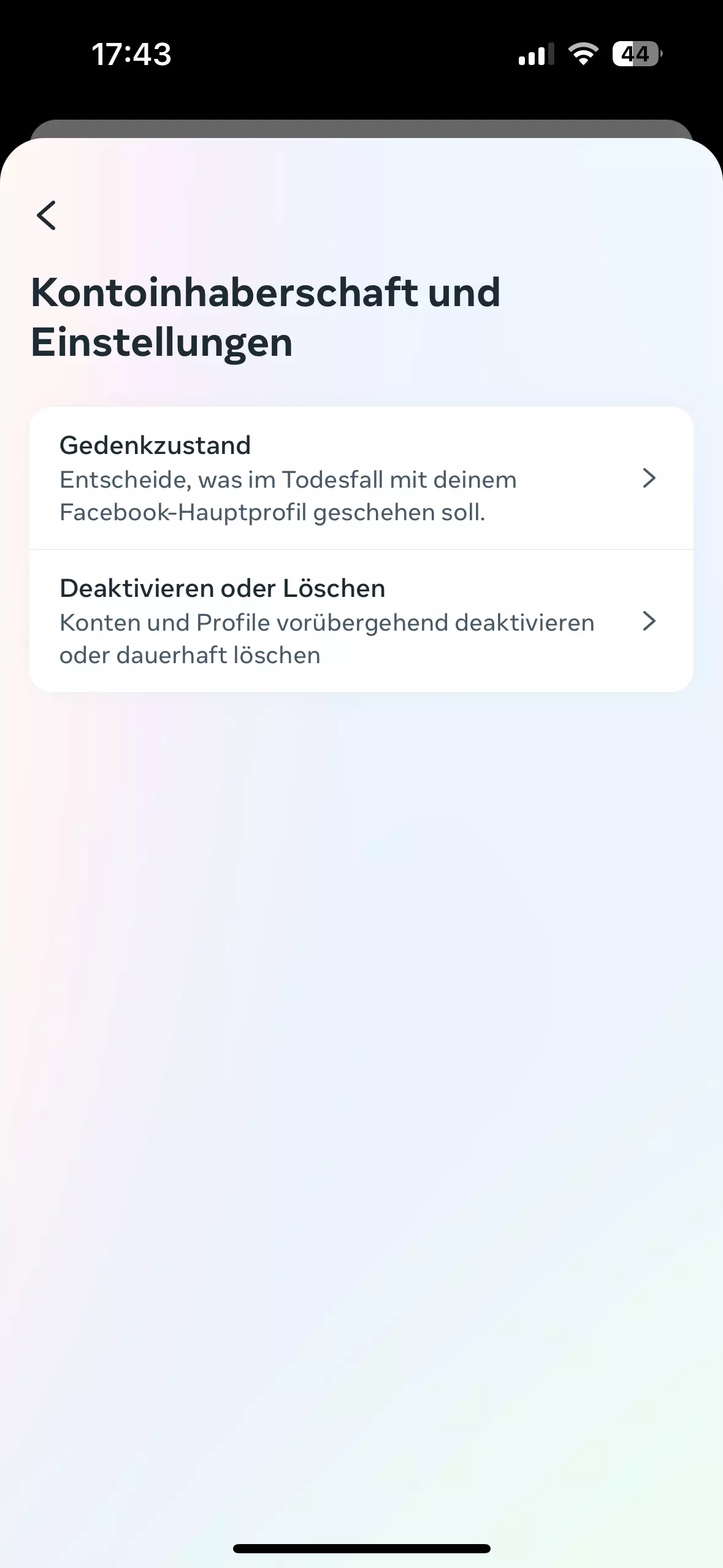 Menü „Kontoinhaberschaft und Einstellungen“ Bild: Menü „Kontoinhaberschaft und Einstellungen“